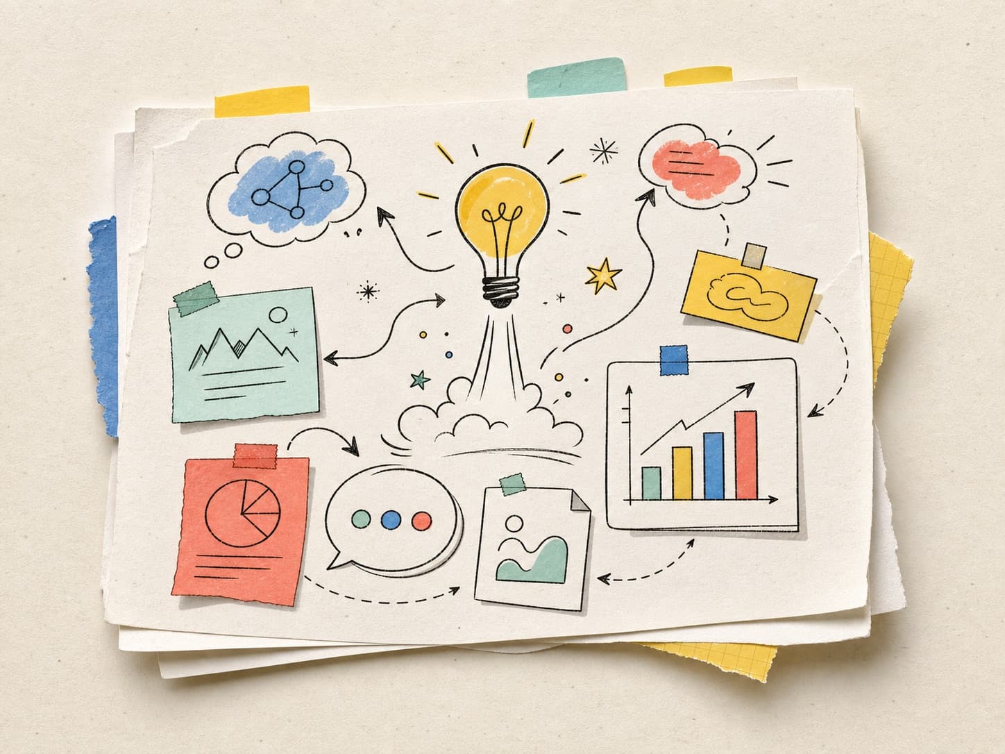 Hand-drawn visual map with connected ideas, charts, and notes